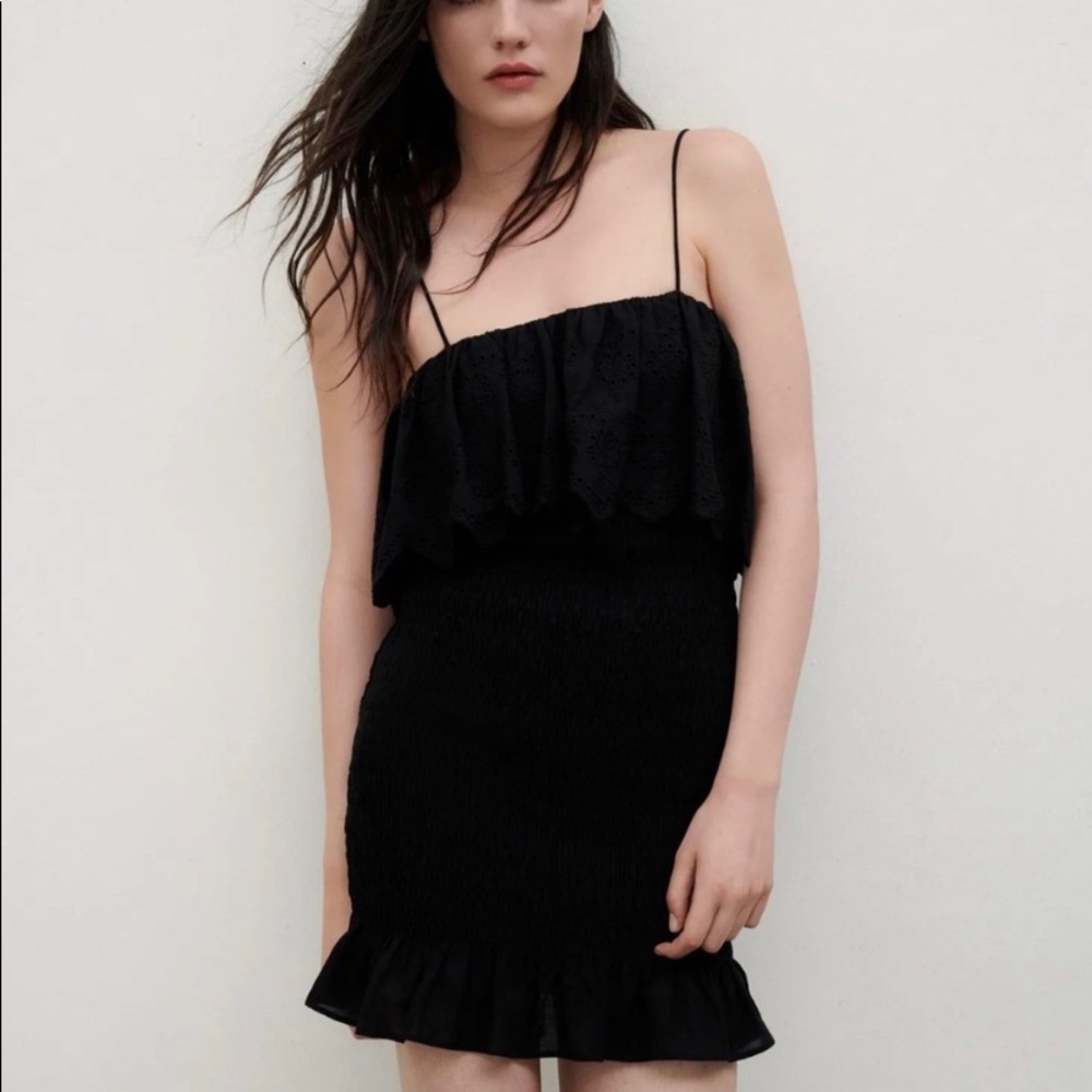 Zara black smocked eyelet mini sundress